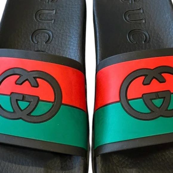 Gucci Signature Classic Stripe Rubber GG Logo Interlock Slides Sandals NWT 40